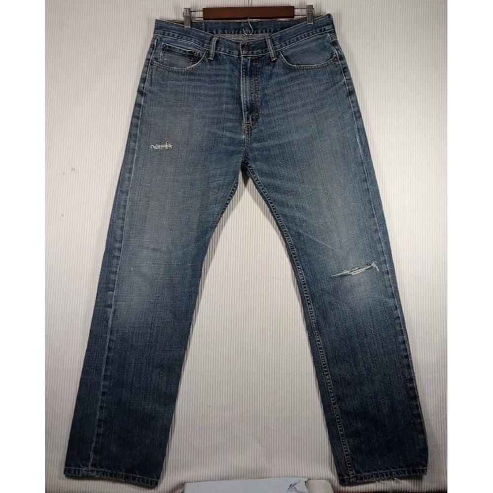 Levis 505 Jeans Mens 36x34 Blue Medium Wash Distressed Straight Leg Denim Pants